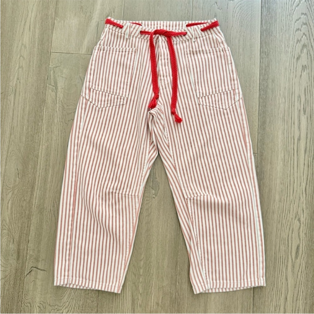 Aaron & Amber Rust Stripe Eyelet Drawstring Rope Waist Tie Barrel Jeans Large - Picture 3 of 13